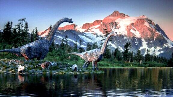 一个恐龙家族在池塘里喝水