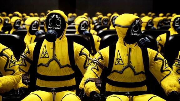 穿着黄色防护服的人们坐在电影院等电影穿着细菌防护服和防毒面具的人