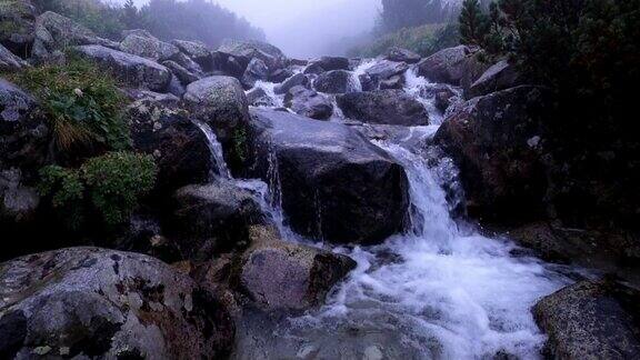 在有雾的日子里山溪从岩石上流过