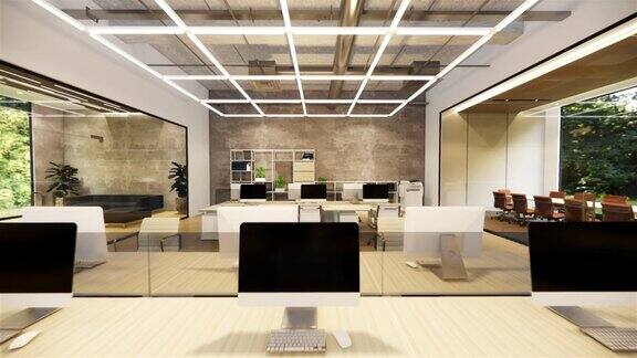 室内空的现代阁楼办公室开放空间现代办公室镜头现代开放式大堂和接待区会议室设计3d渲染