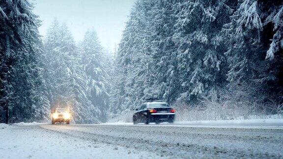 汽车在暴风雪中穿过森林