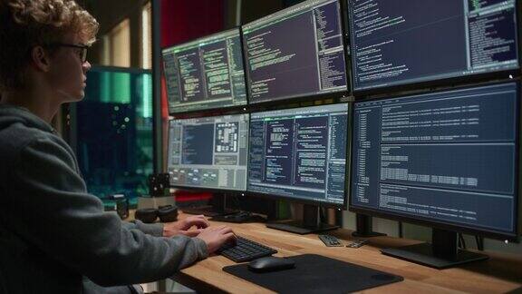 年轻的白人男子在黑暗的办公室里用六个专业监视器编写代码男性网络安全专家为国际SAAS公司控制数字数据保护系统