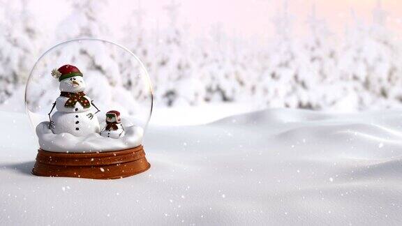 圣诞雪花球4K动画与父亲和儿子雪人放大镜头动作