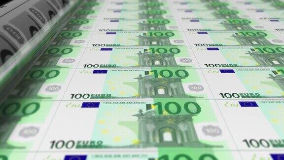 欧盟欧元印刷机打印当前100欧元纸币无缝循环欧盟货币货币背景4K焦点深度