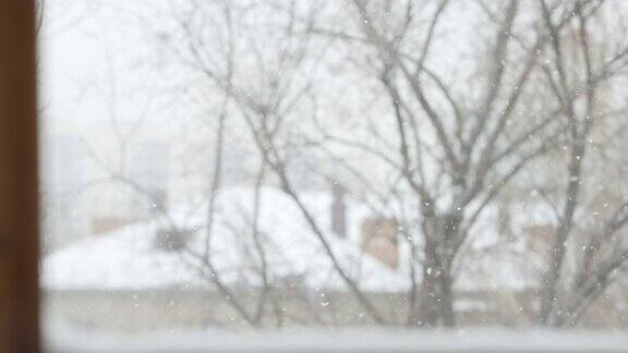 慢镜头:冬天下雪窗外景色