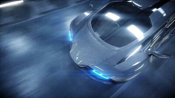 未来汽车在科幻隧道、走廊中快速行驶