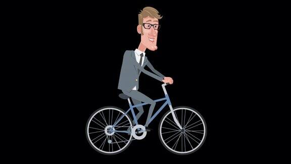 卡通优雅商人人物骑自行车动画与阿尔法通道