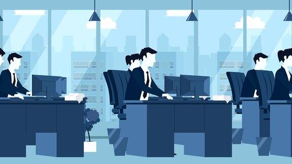 蓝色风格的商务人士在工作场所办公室平面卡通人物动画