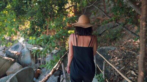 后视图的年轻女子走在丛林中的木桥上