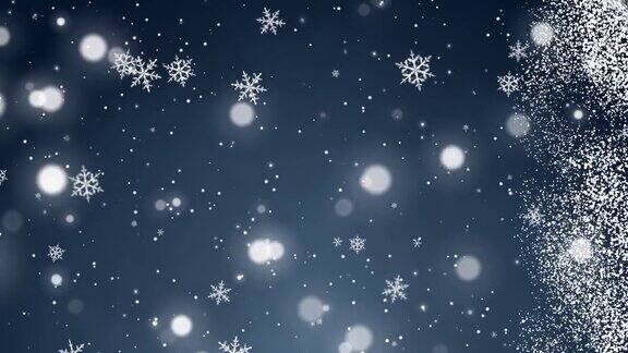 白色的五彩纸屑雪花和散景灯在蓝色的圣诞背景