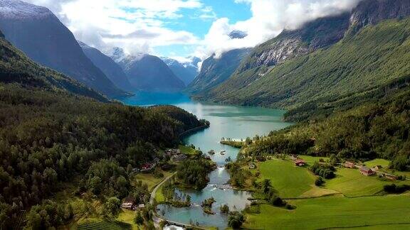 挪威美丽的自然景观航拍洛达尔河谷洛瓦内特湖