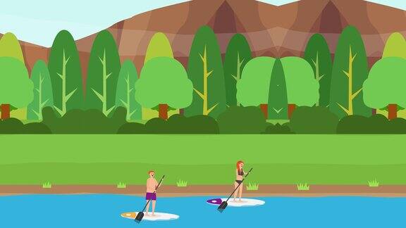 女人和男人站在湖面上划桨