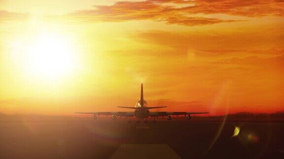 大型客机在日落时分降落在跑道上