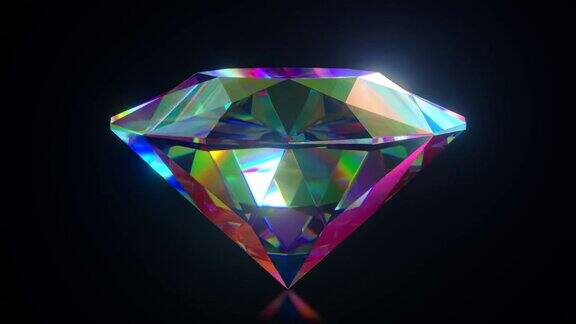 美丽的大水晶清晰彩虹闪烁圆形切割钻石旋转对黑色镜子孤立的背景关闭侧视图无缝循环4kcg3D动画