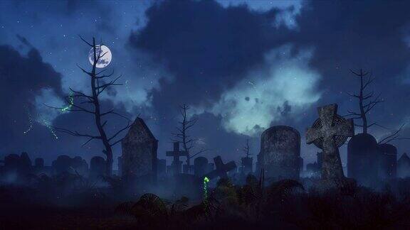 阴森的夜晚墓地满月和魔法灯光