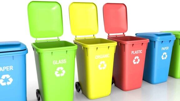 塑料垃圾桶与襟翼打开和关闭和垃圾类型标签白色地板