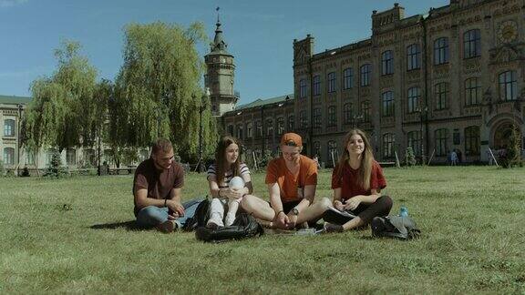 一群欢快的学生在校园草坪上聊天