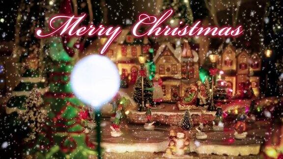 圣诞快乐的文字排版设计在红色与玩具圣诞村的场景和小雕像的溜冰者在背景下的雪-圣诞活动