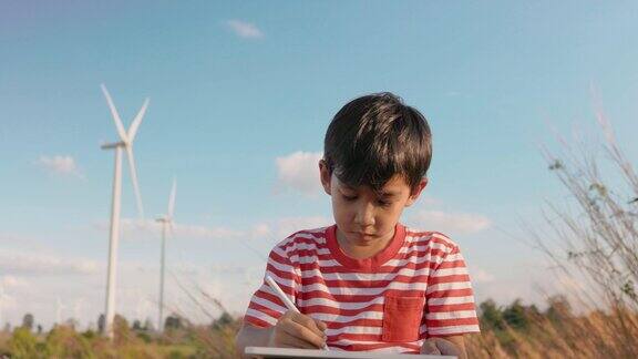 一名亚洲男孩在风车农场上画画并记录清洁能源的创新
