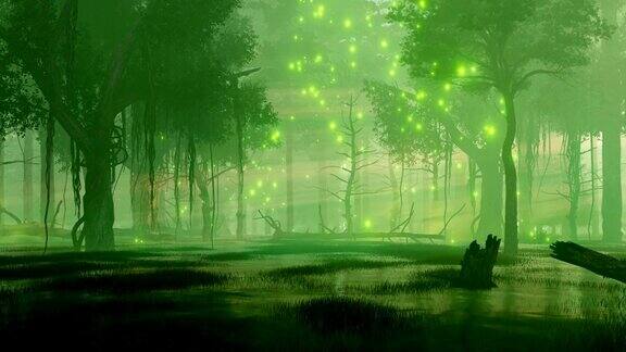 有神奇萤火虫灯光的夜森林沼泽