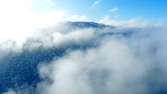 空中飘雪的冬天雾气弥漫的山