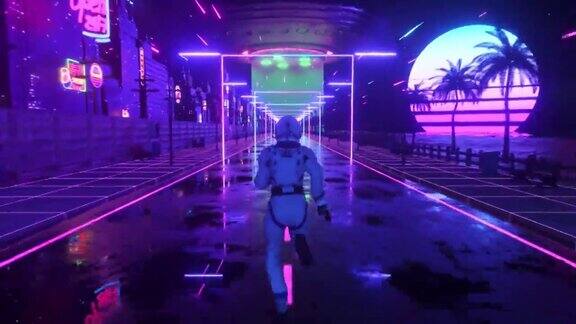 一名宇航员在霓虹灯闪烁的城市里奔跑80年代的背景复古的风格未来3D动画无缝循环