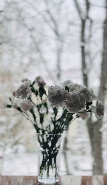 花插在窗户上的花瓶里