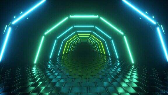 飞行穿过六角形的走廊发光的隧道绿色蓝色的霓虹灯抽象的背景80年代的复古风格流行音乐舞台时尚领奖台无缝循环3d渲染