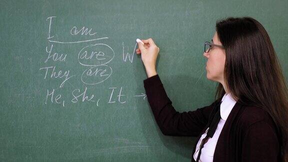 在线教育女老师正在举办在线英语课在学校的课堂上她正在黑板上用粉笔写语法规则远程教学课堂上的视频直播