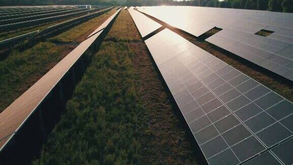 鸟瞰图太阳能电站在绿地日落太阳能电池板排
