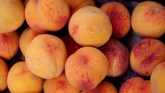 篮子里装着新鲜采摘的成熟桃子
