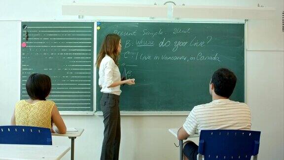 年轻女教师在课堂上用黑板写字