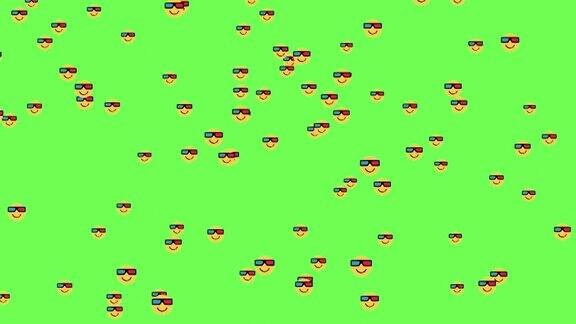 社交媒体符号动画Emoji分词3D眼镜的电影笑脸4K视频