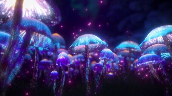 迷幻蘑菇运动图形3D动画蓝色魔法森林