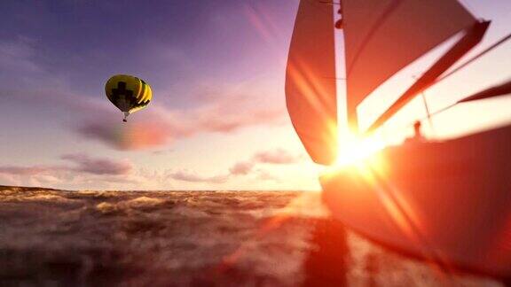 夏日日落时分气球和游艇出海
