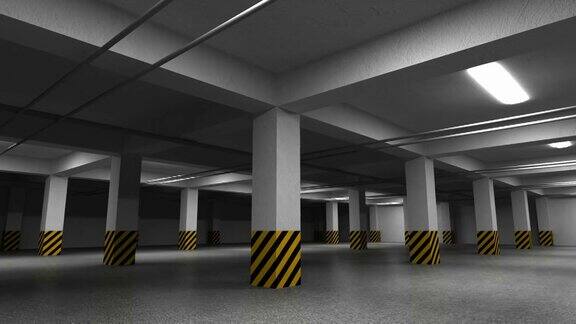 空旷黑暗的地下停车场内部3d动画与相机旋转