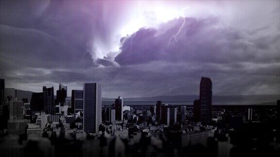 戏剧性的闪电风暴在城市上空