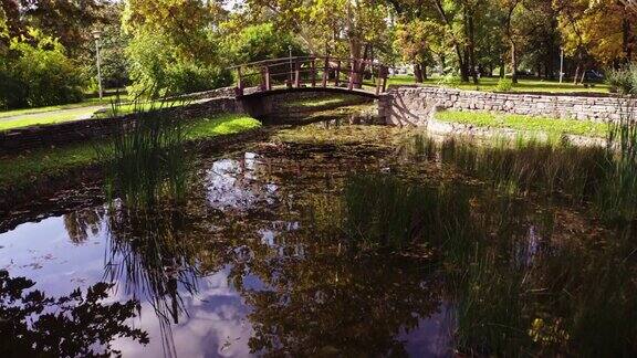 城市公园池塘上的木桥