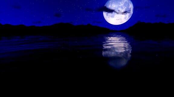 满月映着星空水面倾斜