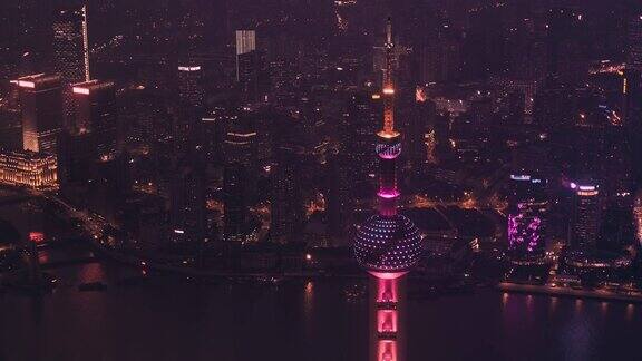 航拍夜晚时的上海东方明珠电视塔