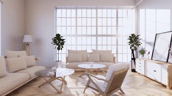 房间上的木质橱柜设计日式室内热带风格三维渲染