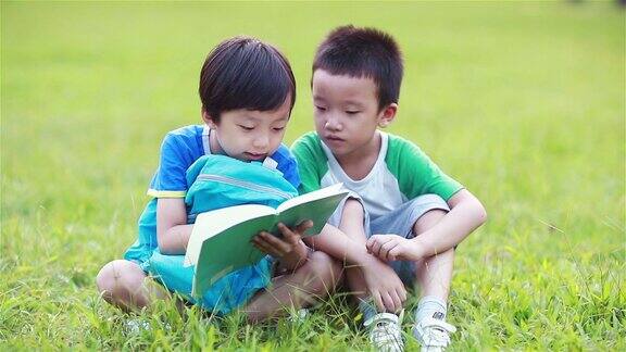 两个小男孩坐在草地上看书