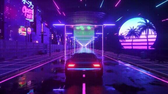 霓虹风格的汽车和城市80年代复古波浪背景3d动画复古的未来汽车穿过霓虹城市无缝循环的3d渲染
