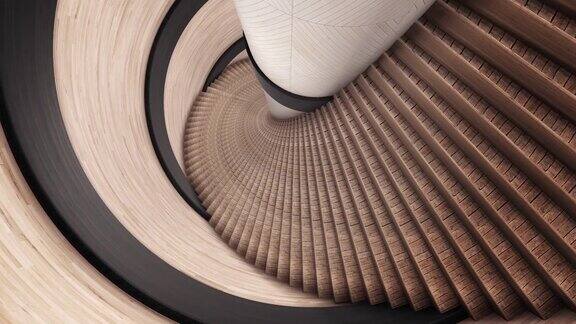 抽象的棕色螺旋梯动画细节抽象的室内沿着楼梯向后移动的螺旋木楼梯和墙壁无缝循环