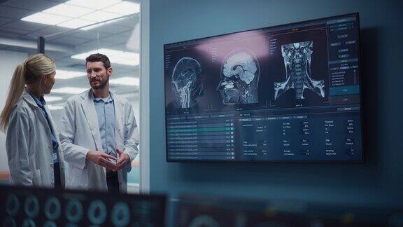 医学神经科学医院实验室会议:神经外科医生和神经学家分析电视屏幕显示MRI扫描与脑图像谈病人治疗方法新药治疗静态的照片