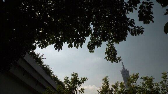 阳光明媚的一天广州城市公园著名塔慢镜头全景4k中国
