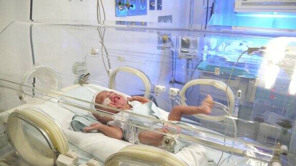 美丽的新生儿在新生儿重症监护室的保育箱里哭泣
