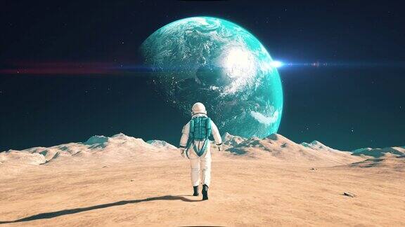 勇敢的宇航员在外星行走天空中美丽的地球