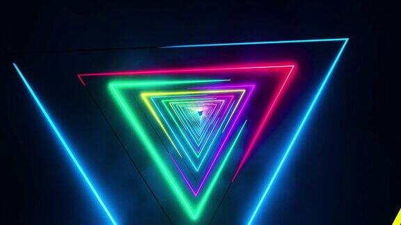 在用光绘成的五彩三角形中飞行无限循环的动画