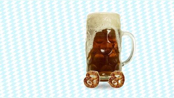 定格动画设计或美术动画大啤酒杯泡沫在传统背景上滚动4k视频动画现代概念当代艺术拼贴啤酒派对酒吧啤酒节